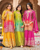 Yellow , Green & Pink Chinon Silk Embroidery Work Palazo Suit With Dupatta